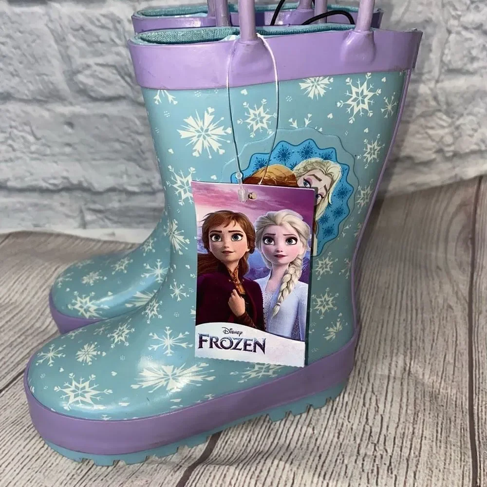 Disney frozen brand new little girls 5/6 pull on rubber rain boots w/handles